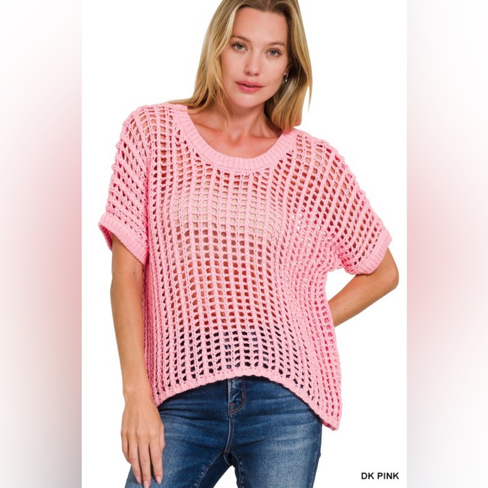 Zenana Outfitters Pink Open-Knit Short Sleeve Sweater